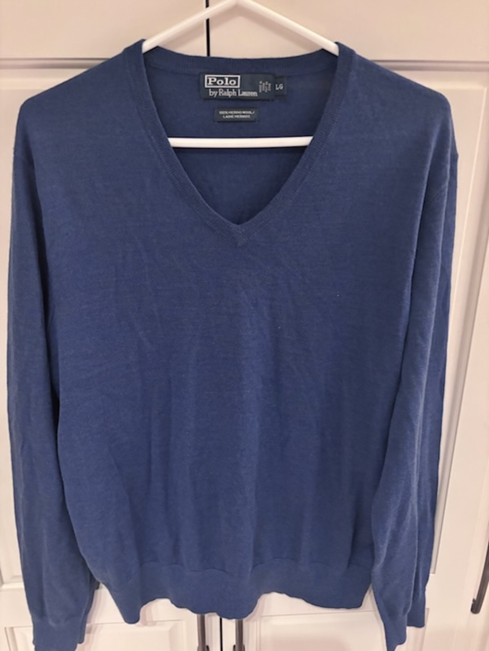 Polo by Ralph Lauren Men's V-Neck Sweater - Blue Merano wool large